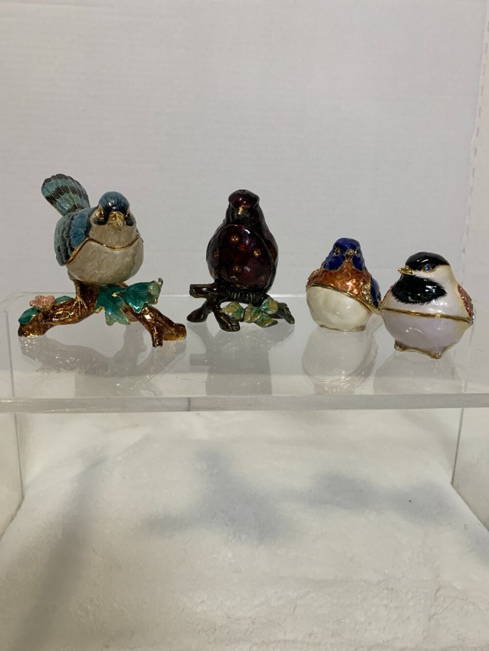 Hinged Metal and Enameled Bird Trinket Boxes Lot of 4